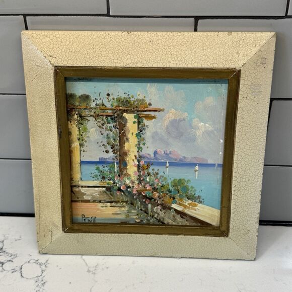 Vintage Enzo Petrilli 6″ Oil Painting on Tile – Italian Seaside Café (Framed) - Picture 8 of 16